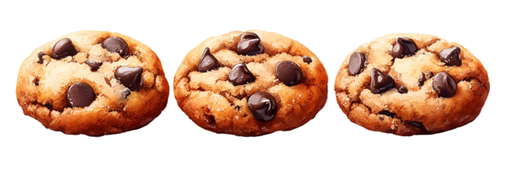 Three round chocolate chip cookies against transparent background