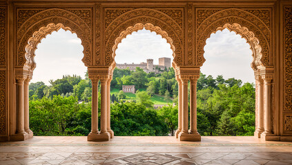 View of a historic castle through ornate Moorish arches on a sunny day