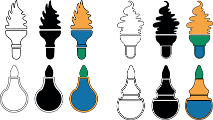 Collection of light bulb icons in various colors and styles on white background