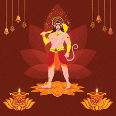 Lord Hanuman Standing on Sacred Lotus Flower with Glowing Oil Lamps for Hindu Festival Background