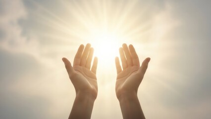 Woman hands reaching up to bright sun rays. Hope concept for spirituality, religion, and freedom. Open palms worshiping, praying, or blessing symbol