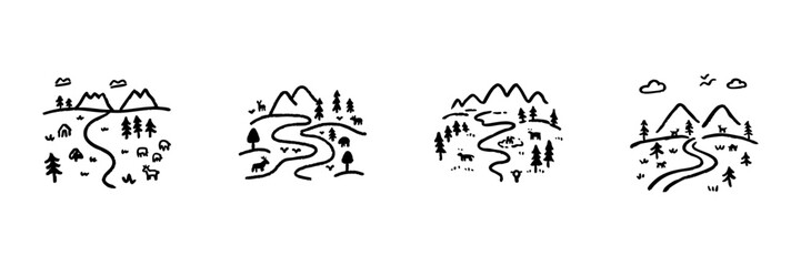 Fototapeta premium Mountain Landscape Line Icon Set In Doodle Style. Nature Exploration, Hiking Trails, And Wildlife Scenery Outline Sketch Collection. Hand Drawn Isolated Vector Illustration