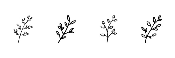 Botanical Branches Line Icon Set In Doodle Style. Nature, Growth, And Organic Design Elements Outline Sketch Collection. Hand Drawn Isolated Vector Illustration
