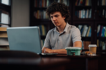 Focused student working on laptop in library with lunch break nearby