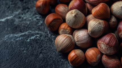 Close-up of hazelnuts on dark marble surface.