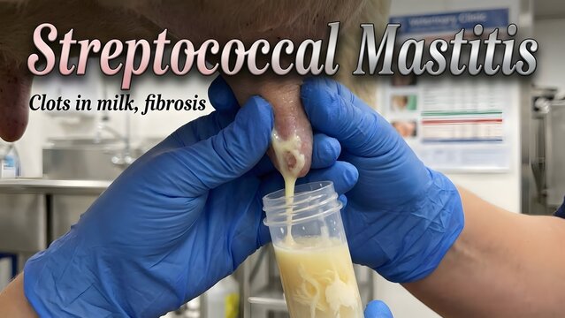 Veterinary pathology showing streptococcal mastitis infection with clots in milk and fibrosis with Abnormal milk and Udder health and Dairy cow