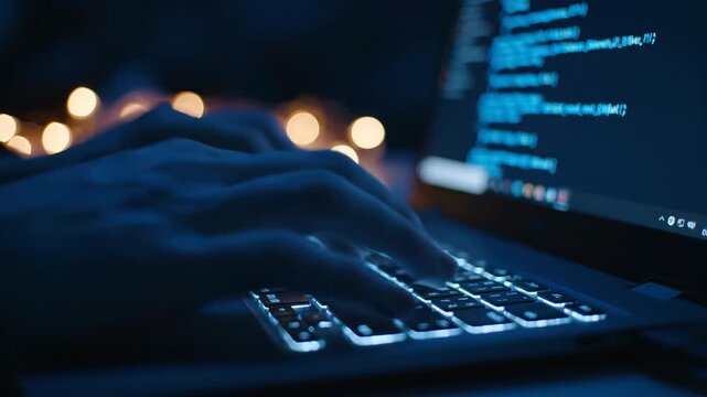 Hands typing computer code on a laptop screen in a dark room with bokeh lights.