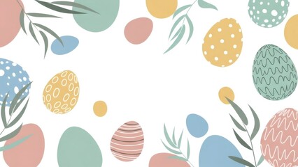 Decorative background with pastel Easter egg and plant element. Holiday spring composition for greeting card and seasonal promotion.