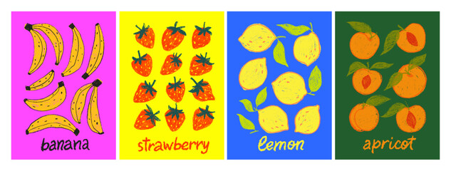 Funky crayon drawn fruits poster collection. Colorful chalk and crayon texture fruit illustration with lettering. Lemon, banana, apricot and strawberry clip art collection. Kid's drawing food posters.