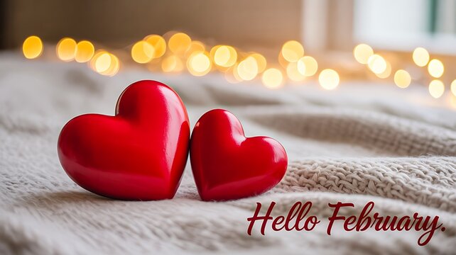 Red heart shapes with hello february romantic concept
