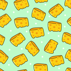 Cartoon cheese slices seamless pattern on green background