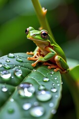 Naklejka premium Macro shot of a green tree frog perched on a dewy leaf