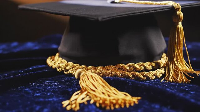 Abstract dynamic lighting shifts illuminating the structure of a classic graduation cap and a vibrant golden cord on textured indigo cloth mystery, tassel, dark