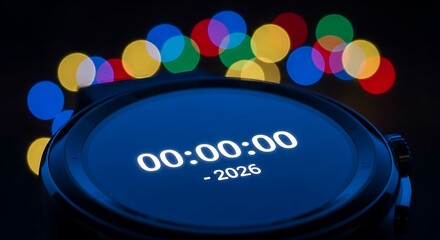 Digital watch displays countdown timer with festive bokeh lights in the background