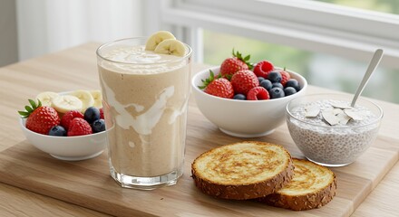 窓からの光で輝くヘルシー朝食バナナとベリーのスムージー新鮮な果物と香ばしいトーストの栄養豊かな彩り. AI Generated