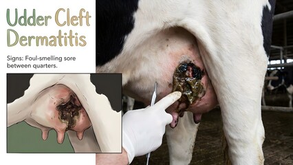 Veterinarian examines udder cleft dermatitis on a cow's udder with gloved hand with veterinary and disease and infection and animal and skin