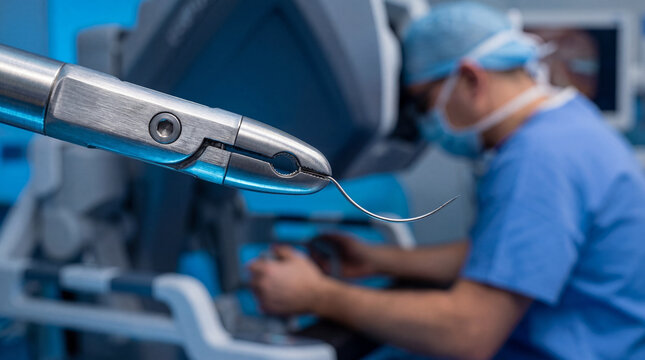 Surgical robotic instrument close up with curved grasper in sterile operating room, focused technology and calm surgeon controlling console
