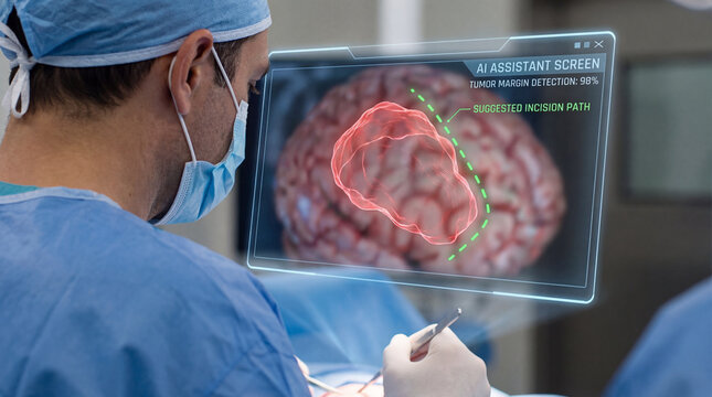 Surgeon views augmented reality assistant screen highlighting brain tumor and suggested incision path, focused surgical procedure and precision