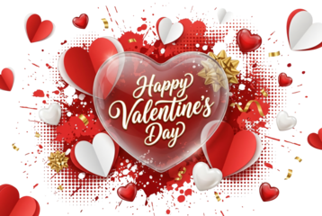 Valentines Day greeting card with transparent heart and red hearts in festive romantic style with warm white lighting on halftone background for love celebration