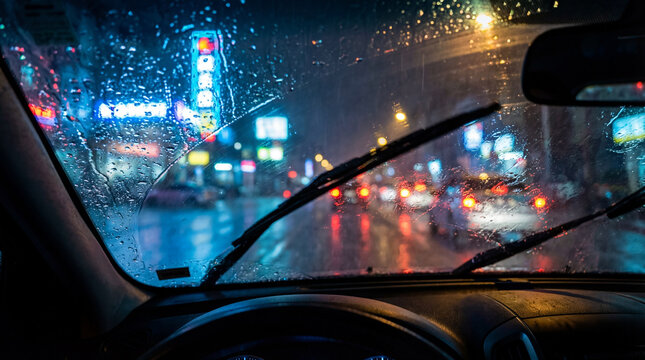 Rain on windshield at night with wiper clearing city lights and blurred traffic creating moody reflection