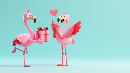 Two pink flamingos in romantic mood exchanging gift box with ribbon symbolizing tender valentine love and couple relationship celebration against soft blue background with copy space
