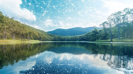 Scenic Lake Reflecting Forest with Technology Overlay