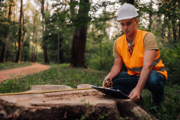 Forestry engineer measuring a tree stump in a park with a measuring tape