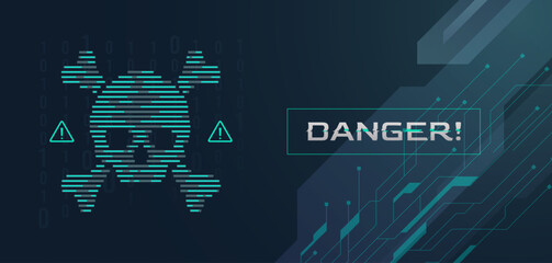 Cyber security danger concept with skull and crossbones icon on dark teal background. Futuristic digital threat warning, malware alert, and hacking protection for professional technology themes. hack