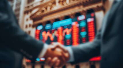 A blurred handshake in front of a financial display, symbolizing business deals and stock market dynamics.
