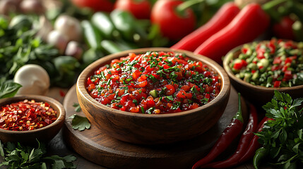 Glossy 3D rendering of chili and herbs forming a circular emblem with central bowl of relish 