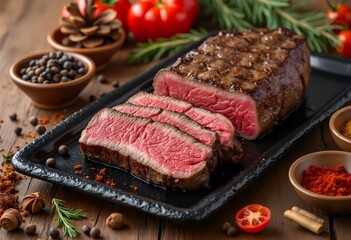 Juicy medium-rare beef steak on plate with herbs