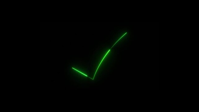 Neon glowing checkmark icon animated on black background. Neon tik mark icon on the black background. 4k