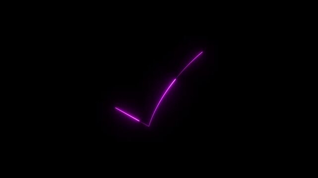 Neon glowing checkmark icon animated on black background. Neon tik mark icon on the black background. 4k