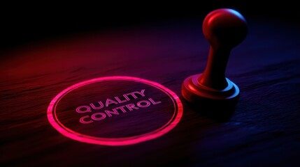 A stylized stamp with the words "QUALITY CONTROL" is illuminated with vibrant red and blue lighting, creating a dramatic effect on a dark surface.