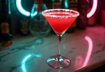 Vibrant Pink Cocktail in a Neon Lit Bar