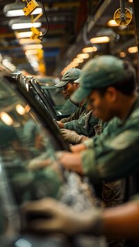Four workers focus on installing car windows in a factory. They wear green uniforms and caps. The shop is well-lit with machines and tools around. It is early morning during the work week
