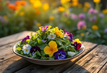 Vibrant Pansy Edible Flower Salad in Sunny Garden