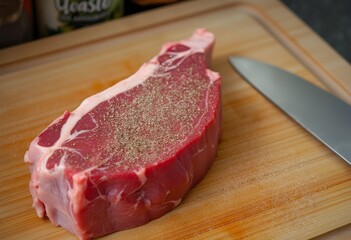  Raw beef steak on cutting board, ready to cook