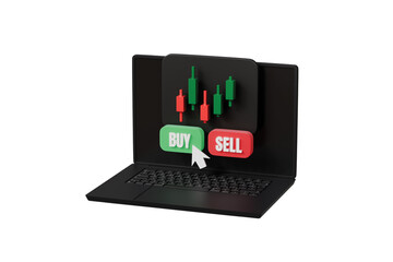 3d laptop trading icon. online trading concept. minimal cartoon candlestick buy sell for fintech app. isolated on white transparent background. 3d render.
