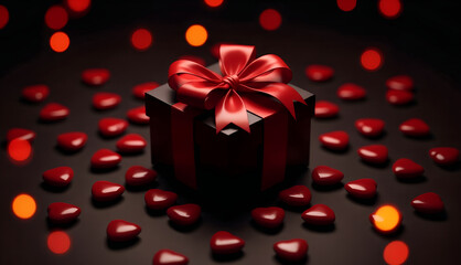 Open black gift box with red ribbon and hearts on dark background with bokeh lights, banner template perfect for love presents on Valentine's Day or anniversary celebrations with copy space.