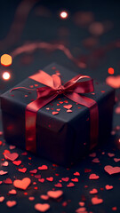 Open black gift box with red ribbon and heart confetti on dark background with bokeh lights, vertical template perfect for love presents on Valentine's Day or anniversary celebrations with copy space.