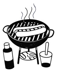 BBQ Grill with Sausage, Sauce and Utensil - Black and White Line Art Vector Illustration for Summer Cooking & Outdoor Picnic