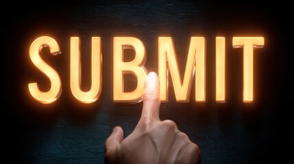 A hand reaching to touch the glowing word "SUBMIT" against a dark background, suggesting interaction and engagement in a digital context.