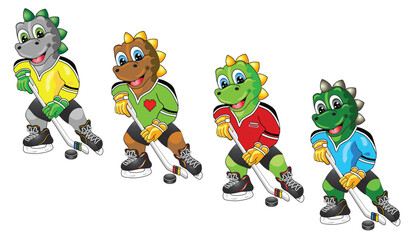 Set of dinosaur figures in colored uniforms, Which play hockey