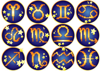 Twelve golden zodiac symbols in blue circles