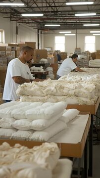Two workers are inside a large warehouse. They are sorting and handling pieces of fabric. The setting is busy with stacks of boxes around them