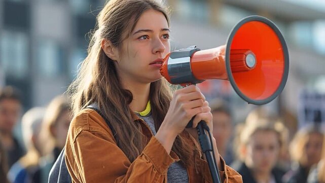 A young person stands at the forefront of a crowd, holding a megaphone and addressing the public. The rally takes place in an urban area during daytime