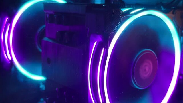 RGB computer cooling fans with neon blue and purple LED rings behind a mesh grille, gaming PC hardware background, futuristic cyberpunk tech mood, abstract pattern, close up.