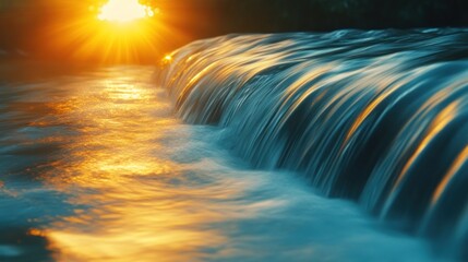 Waterfall Stream in Nature with Sunset Reflection