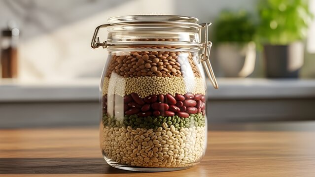 A glass jar filled with different types of beans with step by step sequence